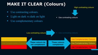 MAKE IT CLEAR (Colours)
16
 Use contrasting colours.
 Light on dark vs dark on light
 Use complementary colours
 Use contrasting colours
 Use contrasting colours
Low contrasting colours
High contrasting colours
Use Complementary Colours
Use Complementary Colours
Use Complementary Colours
These colours do
not complement
Use Complementary Colours
Use Complementary Colours
Use Complementary Colours
These colours
complement
 