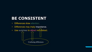 BE CONSISTENT
• Differences draw attention.
• Differences may imply importance.
• Use surprises to attract not distract.
Confusing differences
 