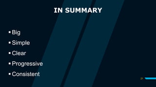 IN SUMMARY
21
 Big
 Simple
 Clear
 Progressive
 Consistent
 