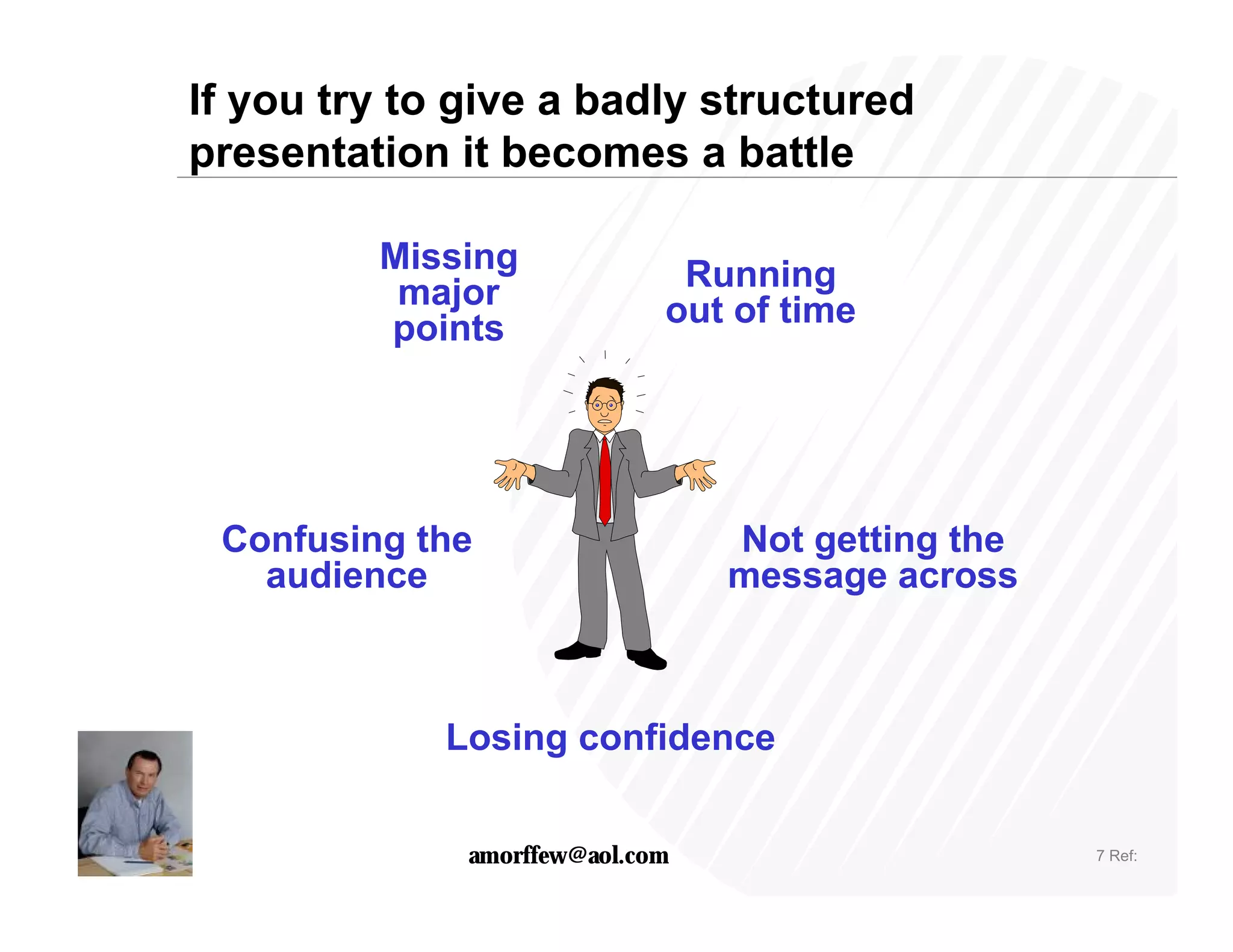 If you try to give a badly structured
presentation it becomes a battle

         Missing              Running
          major              out of time
         points




 Confusing the                   Not getting the
   audience                      message across



             Losing confidence


              amorffew@aol.com                     7 Ref:
 