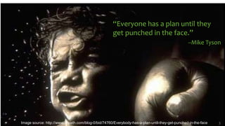 “Everyone has a plan until they
get punched in the face.”
--Mike Tyson
Image source: http://www.onpath.com/blog-0/bid/74760/Everybody-has-a-plan-until-they-get-punched-in-the-face 3
 