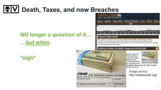 Death, Taxes, and now Breaches
NO longer a question of if…
…but when.
*sigh*
Image source:
http://datalossdb.org/
5
 