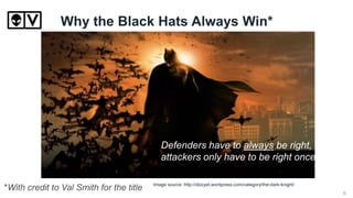 Why the Black Hats Always Win*
*With credit to Val Smith for the title
Defenders have to always be right,
attackers only have to be right once.
Image source: http://dizzyet.wordpress.com/category/the-dark-knight/
6
 