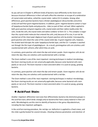 3 AmjadKhanAfridi
PreparedBy Amjad Khan Afridi
As you will see in Chapter 4, different kinds of bacteria react differently to the Gram stain
because structural differences in their cell walls affect the retention or escape of a combination
of crystal violet and iodine, called the crystal violet- iodine (CV-I) complex. Among other
differences, gram-positive bacteria have a thicker peptidoglycan (disaccharides and amino
acids) cell wall than gram-negative bacteria. In addition, gram- negative bacteria contain a layer
of lipopolysaccharide (lipids and polysaccha - rides) as part of their cell wall .When applied to
both gram-positive and gram-negative cells, crystal violet and then iodine readily enter the
cells. Inside the cells, the crystal violet and iodine combine to form CV- 1. This complex is larger
than the crystal violet molecule that entered the cells, and, because of its size, it can not be
washed out of the intact pept idoglycan layer of gram-positive cells by alcohol. Consequently,
gram-positive cells retain the color of the crystal violet dye. In gram-negative cells, however,
the alcohol wash disrupts the outer lipopolysaccharide layer, and the CV- I complex is washed
out through the thin layer of peptidoglycan . As a result, gramnegative cells are colorless until
counterstained with safranin, after which they arc pink.
In summary, gram-positive cells retain the dye and remain purple. Gram-negative cells do not
retain the dye; they are colorless until counterstained with a red dye.
The Gram method is one of the most important staining techniques in medical microbiology.
But Gram staining results arc not universally applicable, because some bacterial cells stain
poorly or not at all. The Gram reaction is most consistent when it is used on young, growing
bacteria.
In summary, gram-positive cells retain the dye and remain purple. Gram-negative cells do not
retain the dye; they are colorless until counterstained with a red dye.
The Gram method is one of the most important staining techniques in medical microbiology.
But Gram staining results arc not universally applicable, because some bacterial cells stain
poorly or not at all. The Gram reaction is most consistent when it is used on young, growing
bacteria.
 Acid-Fast Stain:
Another important differential stain (one that differentiates bacteria into distinctive groups) is
the acid-fast stain, which binds strongly only to bacteria that have a waxy material in their cell
walls. Microbiologists use this stain to identify all bacteria in the genus Mycobacterium,
including the two important pathogens .
In the acid-fast staining procedure, the red dye car- bolfuchsin is applied to a fixed smear, and
the slide is gently heated for several minutes. (Heating enhances penetration and retention of
 
