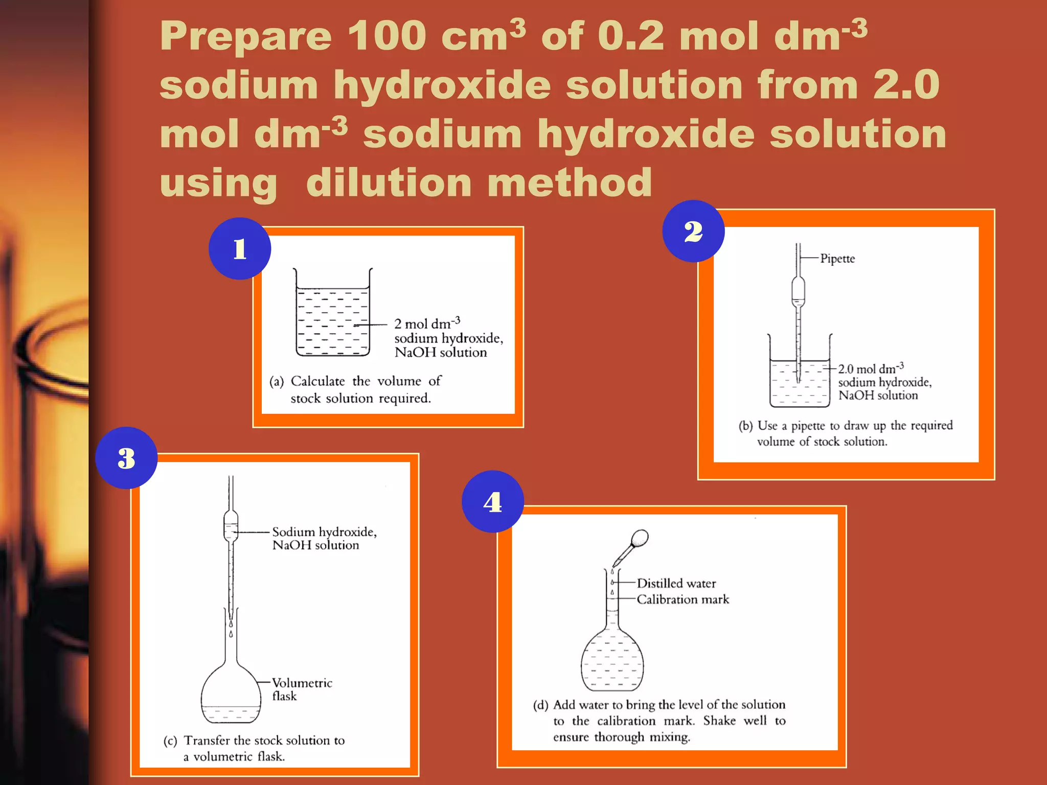 Prepare 100 cm3 of 0.2 mol dm-3
    sodium hydroxide solution from 2.0
    mol dm-3 sodium hydroxide solution
    using dilution method
                          2
       1




3
                 4
 