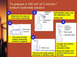 To prepare a 100 cm3 of 2 mol dm-3
    sodium hydroxide solution
1                                5                      Add distilled water until
                                                        the calibration mark
    Determine the mass of
    solid sodium hydroxide                              Shake well

                                                                   4
2




     The mass of solid       3
     sodium hydroxide
     needed is weighed
                                                            Transfer the solution
                                                            to a 100 cm3
                                                            volumetric flask
                                                            Rinse the beaker and
                             Dissolve the solid sodium      add the washing into
                             hydroxide in distilled water   the flask
 