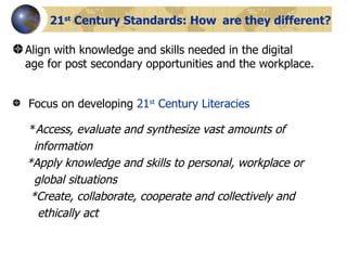 21 st  Century Standards: How   are they different? Align with knowledge and skills needed in the digital age for post secondary opportunities and the workplace. Focus on developing  21 st  Century Literacies * Access, evaluate and synthesize vast amounts of  information *Apply knowledge and skills to personal, workplace or  global situations *Create, collaborate, cooperate and collectively and ethically act 