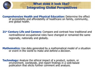 What does it look like?  Integrating Global Perspectives Comprehensive Health and Physical Education :  Determine the effect of accessibility and affordability of healthcare on family, community, and global health. 21 st  Century Life and Careers:  Compare and contrast how traditional and nontraditional occupational roles have changed or remained the same regionally, nationally and globally.  Mathematics:  Use data generated by a mathematical model of a situation or event in the world to make and defend a decision. Technology :  Analyze the ethical impact of a product, system, or environment, worldwide, and report findings in a web-based publication that elicits further comment and analysis.  