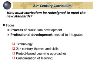 21 st  Century Curriculum How must curriculum be redesigned to meet the new standards? Focus: Process  of curriculum development Professional development  needed to integrate: Technology 21 st  century themes and skills Project-based Learning approaches Customization of learning 