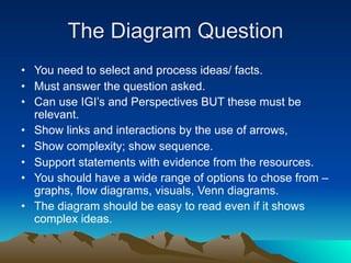 The Diagram Question
• You need to select and process ideas/ facts.
• Must answer the question asked.
• Can use IGI’s and Perspectives BUT these must be
  relevant.
• Show links and interactions by the use of arrows,
• Show complexity; show sequence.
• Support statements with evidence from the resources.
• You should have a wide range of options to chose from –
  graphs, flow diagrams, visuals, Venn diagrams.
• The diagram should be easy to read even if it shows
  complex ideas.
 