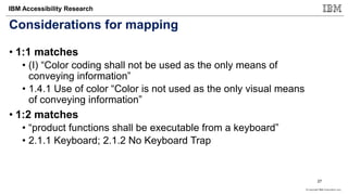 © Copyright IBM Corporation 2017
IBM Accessibility Research
Considerations for mapping
• 1:1 matches
• (I) “Color coding shall not be used as the only means of
conveying information”
• 1.4.1 Use of color “Color is not used as the only visual means
of conveying information”
• 1:2 matches
• “product functions shall be executable from a keyboard”
• 2.1.1 Keyboard; 2.1.2 No Keyboard Trap
27
 
