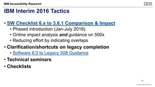 © Copyright IBM Corporation 2017
IBM Accessibility Research
IBM Interim 2016 Tactics
• SW Checklist 6.x to 3.6.1 Comparison & Impact
• Phased introduction (Jan-July 2016)
• Online impact analysis and guidance on 500x
• Reducing effort by indicating overlaps
• Clarification/shortcuts on legacy completion
• Software 6.0 to Legacy 508 Guidance
• Technical seminars
• Checklists
31
 