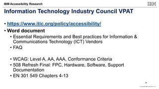 © Copyright IBM Corporation 2017
IBM Accessibility Research
Information Technology Industry Council VPAT
• https://www.itic.org/policy/accessibility/
• Word document
• Essential Requirements and Best practices for Information &
Communications Technology (ICT) Vendors
• FAQ
• WCAG: Level A, AA, AAA, Conformance Criteria
• 508 Refresh Final: FPC, Hardware, Software, Support
Documentation
• EN 301 549 Chapters 4-13
34
 