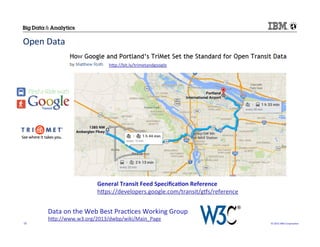 ©	
  2015	
  IBM	
  Corpora/on	
  10	
  
Open	
  Data	
  
hHp://bit.ly/trimetandgoogle	
  
	
  
Data	
  on	
  the	
  Web	
  Best	
  Prac/ces	
  Working	
  Group	
  
hHp://www.w3.org/2013/dwbp/wiki/Main_Page	
  
	
  
General	
  Transit	
  Feed	
  Speciﬁca(on	
  Reference	
  
hHps://developers.google.com/transit/gZs/reference	
  
	
  
 