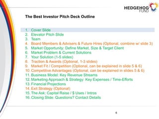 The Best Investor Pitch Deck Outline
1. Cover Slide
2. Elevator Pitch Slide
3. Team
4. Board Members & Advisers & Future H...