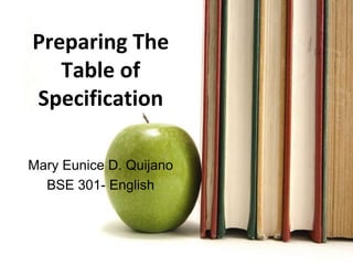 Mary Eunice D. Quijano
BSE 301- English
Preparing The
Table of
Specification
 