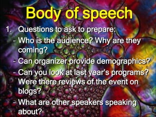 How do you end? One way is by using phrases like, "In conclusion," "In closing,“ "Let me end by saying," "My purpose has been," or words to that effect. You can also let your audience know by the manner of your delivery, building to a climax. 