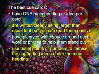 Cuecards<br />When you master using cue or note cards, your entire delivery is enlivened. It becomes more spontaneous and ...