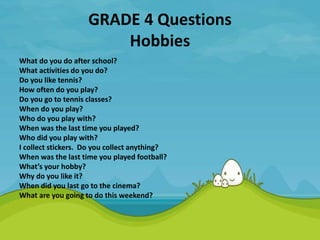 GRADE 4 Questions
Hobbies
What do you do after school?
What activities do you do?
Do you like tennis?
How often do you play?
Do you go to tennis classes?
When do you play?
Who do you play with?
When was the last time you played?
Who did you play with?
I collect stickers. Do you collect anything?
When was the last time you played football?
What’s your hobby?
Why do you like it?
When did you last go to the cinema?
What are you going to do this weekend?
 