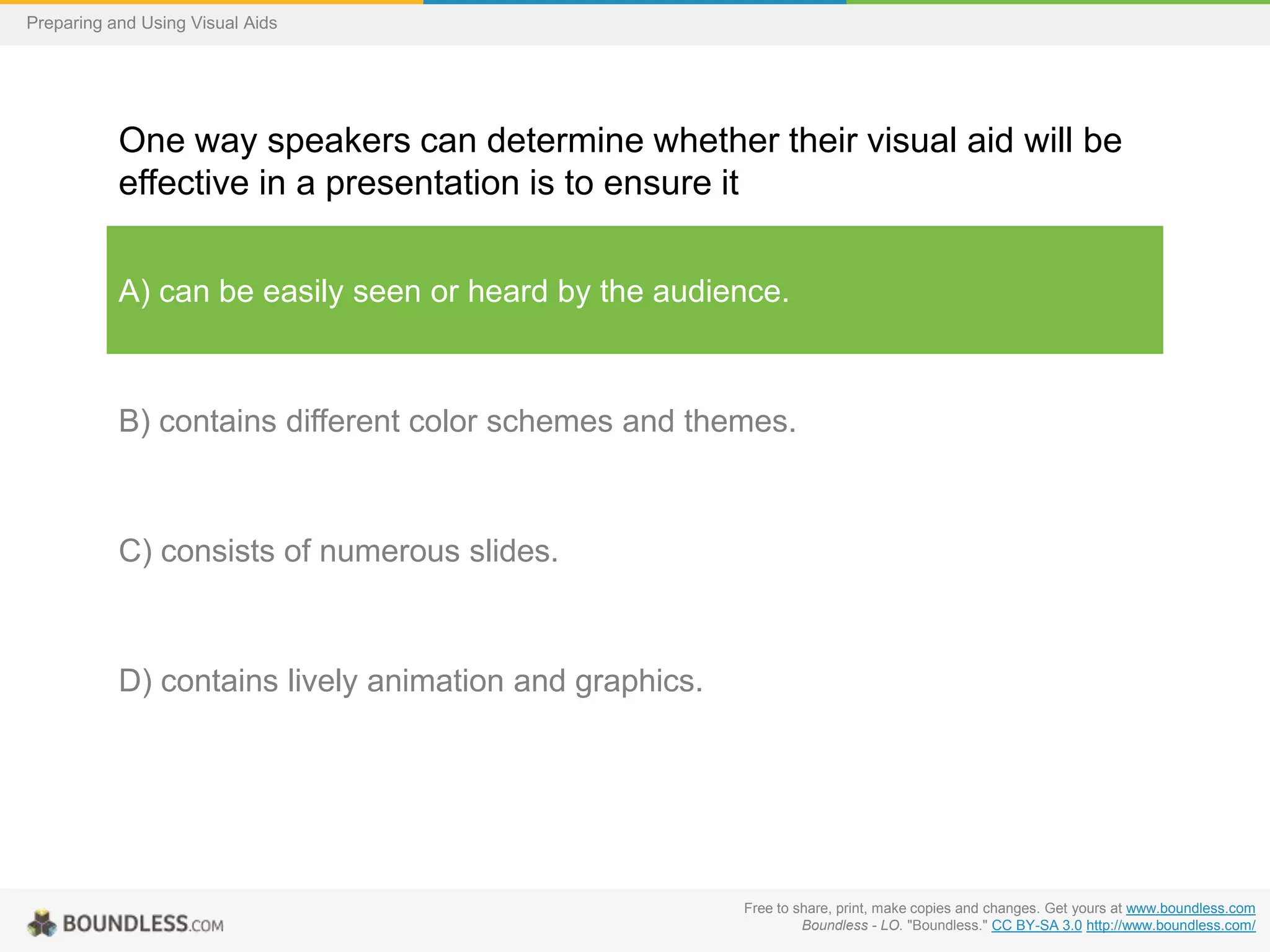 Preparing and Using Visual Aids

One way speakers can determine whether their visual aid will be
effective in a presentation is to ensure it
A) can be easily seen or heard by the audience.

B) contains different color schemes and themes.

C) consists of numerous slides.

D) contains lively animation and graphics.

Free to share, print, make copies and changes. Get yours at www.boundless.com
Boundless - LO. "Boundless." CC BY-SA 3.0 http://www.boundless.com/

 
