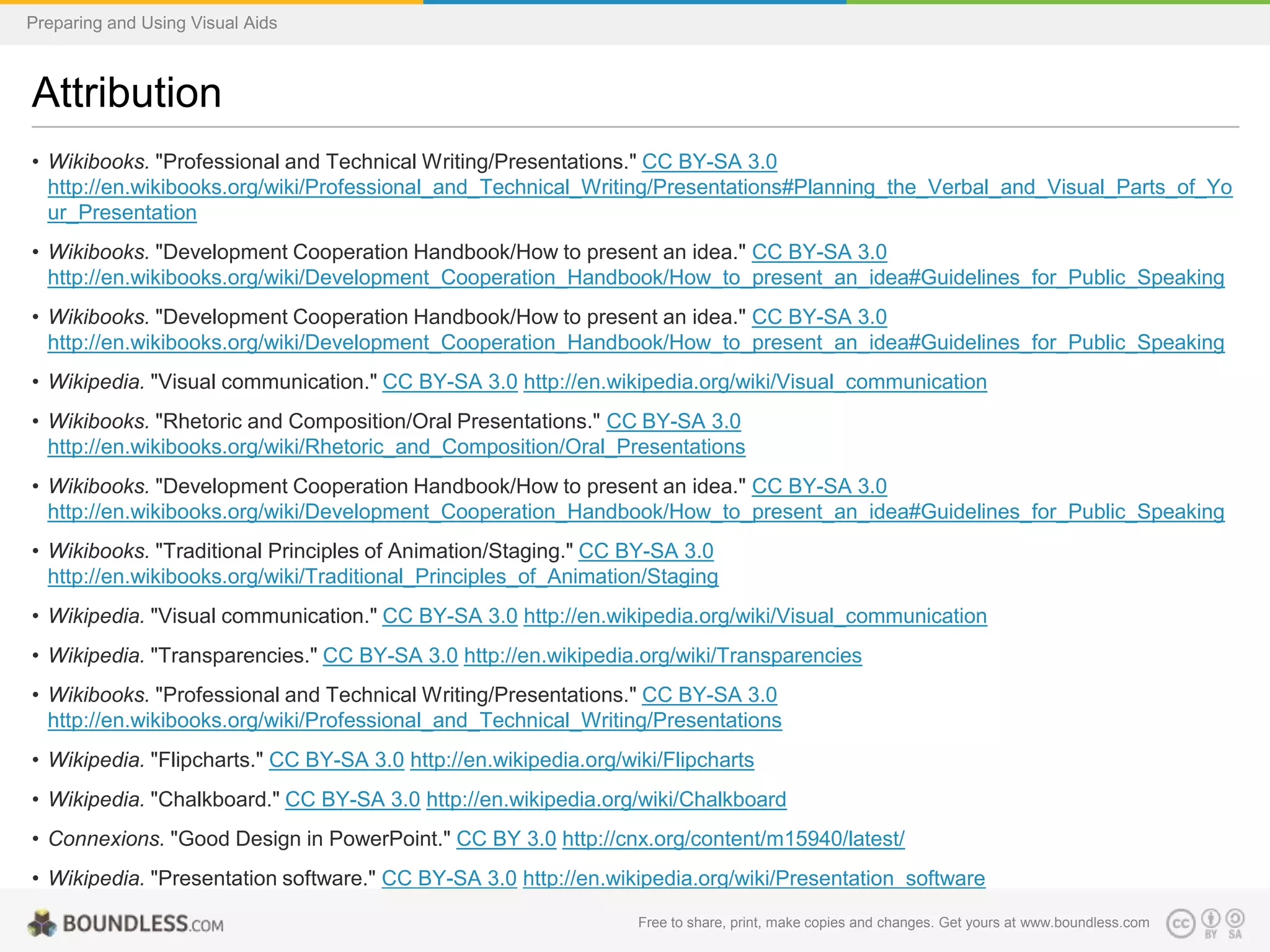 Preparing and Using Visual Aids

Attribution
• Wikibooks. "Professional and Technical Writing/Presentations." CC BY-SA 3.0
http://en.wikibooks.org/wiki/Professional_and_Technical_Writing/Presentations#Planning_the_Verbal_and_Visual_Parts_of_Yo
ur_Presentation
• Wikibooks. "Development Cooperation Handbook/How to present an idea." CC BY-SA 3.0
http://en.wikibooks.org/wiki/Development_Cooperation_Handbook/How_to_present_an_idea#Guidelines_for_Public_Speaking
• Wikibooks. "Development Cooperation Handbook/How to present an idea." CC BY-SA 3.0
http://en.wikibooks.org/wiki/Development_Cooperation_Handbook/How_to_present_an_idea#Guidelines_for_Public_Speaking
• Wikipedia. "Visual communication." CC BY-SA 3.0 http://en.wikipedia.org/wiki/Visual_communication
• Wikibooks. "Rhetoric and Composition/Oral Presentations." CC BY-SA 3.0
http://en.wikibooks.org/wiki/Rhetoric_and_Composition/Oral_Presentations
• Wikibooks. "Development Cooperation Handbook/How to present an idea." CC BY-SA 3.0
http://en.wikibooks.org/wiki/Development_Cooperation_Handbook/How_to_present_an_idea#Guidelines_for_Public_Speaking

• Wikibooks. "Traditional Principles of Animation/Staging." CC BY-SA 3.0
http://en.wikibooks.org/wiki/Traditional_Principles_of_Animation/Staging
• Wikipedia. "Visual communication." CC BY-SA 3.0 http://en.wikipedia.org/wiki/Visual_communication
• Wikipedia. "Transparencies." CC BY-SA 3.0 http://en.wikipedia.org/wiki/Transparencies
• Wikibooks. "Professional and Technical Writing/Presentations." CC BY-SA 3.0
http://en.wikibooks.org/wiki/Professional_and_Technical_Writing/Presentations
• Wikipedia. "Flipcharts." CC BY-SA 3.0 http://en.wikipedia.org/wiki/Flipcharts
• Wikipedia. "Chalkboard." CC BY-SA 3.0 http://en.wikipedia.org/wiki/Chalkboard
• Connexions. "Good Design in PowerPoint." CC BY 3.0 http://cnx.org/content/m15940/latest/
• Wikipedia. "Presentation software." CC BY-SA 3.0 http://en.wikipedia.org/wiki/Presentation_software
• Wikipedia. "Image." CC BY-SA 3.0 http://en.wikipedia.org/wiki/Imageshare, print, make copies and changes. Get yours at www.boundless.com
Free to

 