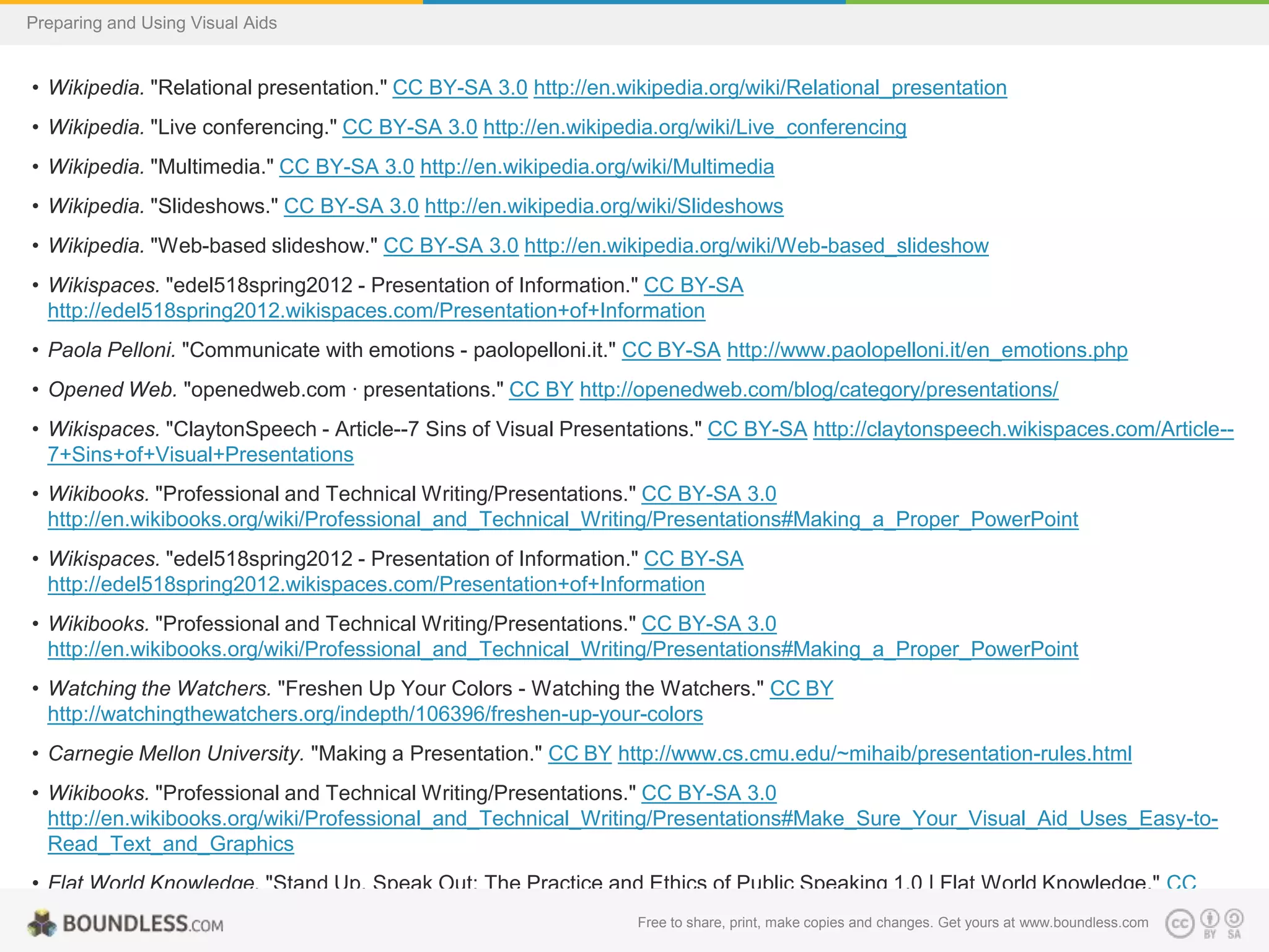 Preparing and Using Visual Aids

• Wikipedia. "Relational presentation." CC BY-SA 3.0 http://en.wikipedia.org/wiki/Relational_presentation

• Wikipedia. "Live conferencing." CC BY-SA 3.0 http://en.wikipedia.org/wiki/Live_conferencing
• Wikipedia. "Multimedia." CC BY-SA 3.0 http://en.wikipedia.org/wiki/Multimedia
• Wikipedia. "Slideshows." CC BY-SA 3.0 http://en.wikipedia.org/wiki/Slideshows
• Wikipedia. "Web-based slideshow." CC BY-SA 3.0 http://en.wikipedia.org/wiki/Web-based_slideshow
• Wikispaces. "edel518spring2012 - Presentation of Information." CC BY-SA
http://edel518spring2012.wikispaces.com/Presentation+of+Information
• Paola Pelloni. "Communicate with emotions - paolopelloni.it." CC BY-SA http://www.paolopelloni.it/en_emotions.php
• Opened Web. "openedweb.com · presentations." CC BY http://openedweb.com/blog/category/presentations/
• Wikispaces. "ClaytonSpeech - Article--7 Sins of Visual Presentations." CC BY-SA http://claytonspeech.wikispaces.com/Article-7+Sins+of+Visual+Presentations
• Wikibooks. "Professional and Technical Writing/Presentations." CC BY-SA 3.0
http://en.wikibooks.org/wiki/Professional_and_Technical_Writing/Presentations#Making_a_Proper_PowerPoint

• Wikispaces. "edel518spring2012 - Presentation of Information." CC BY-SA
http://edel518spring2012.wikispaces.com/Presentation+of+Information
• Wikibooks. "Professional and Technical Writing/Presentations." CC BY-SA 3.0
http://en.wikibooks.org/wiki/Professional_and_Technical_Writing/Presentations#Making_a_Proper_PowerPoint
• Watching the Watchers. "Freshen Up Your Colors - Watching the Watchers." CC BY
http://watchingthewatchers.org/indepth/106396/freshen-up-your-colors
• Carnegie Mellon University. "Making a Presentation." CC BY http://www.cs.cmu.edu/~mihaib/presentation-rules.html
• Wikibooks. "Professional and Technical Writing/Presentations." CC BY-SA 3.0
http://en.wikibooks.org/wiki/Professional_and_Technical_Writing/Presentations#Make_Sure_Your_Visual_Aid_Uses_Easy-toRead_Text_and_Graphics
• Flat World Knowledge. "Stand Up, Speak Out: The Practice and Ethics of Public Speaking 1.0 | Flat World Knowledge." CC
BY-SA http://catalog.flatworldknowledge.com/bookhub/reader/3795?e=wrench_1.0-ch00about#wrench_1.0-ch15
Free to share, print, make copies and changes. Get yours at www.boundless.com

 