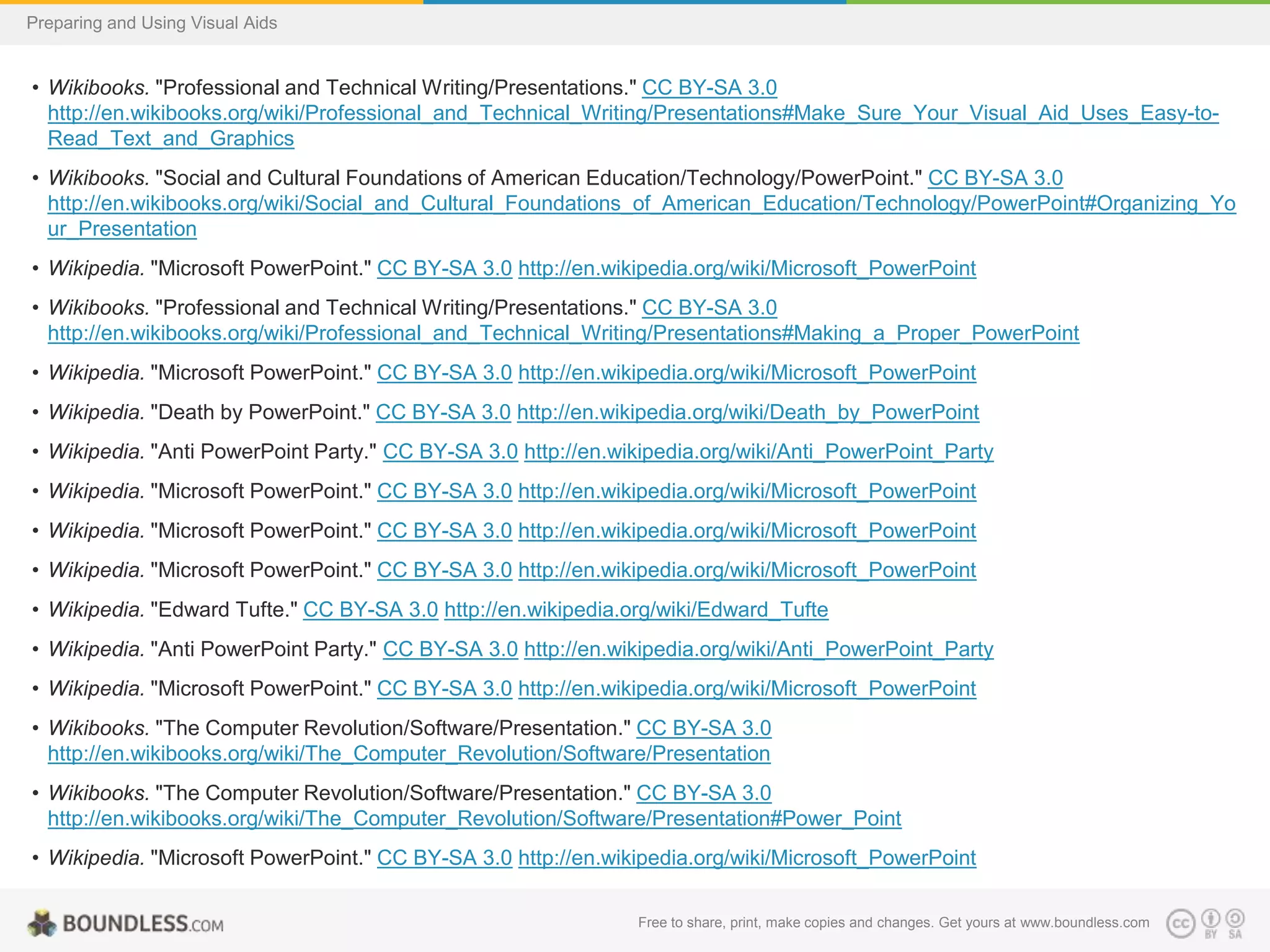 Preparing and Using Visual Aids

• Wikibooks. "Professional and Technical Writing/Presentations." CC BY-SA 3.0
http://en.wikibooks.org/wiki/Professional_and_Technical_Writing/Presentations#Make_Sure_Your_Visual_Aid_Uses_Easy-toRead_Text_and_Graphics
• Wikibooks. "Social and Cultural Foundations of American Education/Technology/PowerPoint." CC BY-SA 3.0
http://en.wikibooks.org/wiki/Social_and_Cultural_Foundations_of_American_Education/Technology/PowerPoint#Organizing_Yo
ur_Presentation
• Wikipedia. "Microsoft PowerPoint." CC BY-SA 3.0 http://en.wikipedia.org/wiki/Microsoft_PowerPoint
• Wikibooks. "Professional and Technical Writing/Presentations." CC BY-SA 3.0
http://en.wikibooks.org/wiki/Professional_and_Technical_Writing/Presentations#Making_a_Proper_PowerPoint
• Wikipedia. "Microsoft PowerPoint." CC BY-SA 3.0 http://en.wikipedia.org/wiki/Microsoft_PowerPoint
• Wikipedia. "Death by PowerPoint." CC BY-SA 3.0 http://en.wikipedia.org/wiki/Death_by_PowerPoint
• Wikipedia. "Anti PowerPoint Party." CC BY-SA 3.0 http://en.wikipedia.org/wiki/Anti_PowerPoint_Party
• Wikipedia. "Microsoft PowerPoint." CC BY-SA 3.0 http://en.wikipedia.org/wiki/Microsoft_PowerPoint
• Wikipedia. "Microsoft PowerPoint." CC BY-SA 3.0 http://en.wikipedia.org/wiki/Microsoft_PowerPoint
• Wikipedia. "Microsoft PowerPoint." CC BY-SA 3.0 http://en.wikipedia.org/wiki/Microsoft_PowerPoint
• Wikipedia. "Edward Tufte." CC BY-SA 3.0 http://en.wikipedia.org/wiki/Edward_Tufte
• Wikipedia. "Anti PowerPoint Party." CC BY-SA 3.0 http://en.wikipedia.org/wiki/Anti_PowerPoint_Party
• Wikipedia. "Microsoft PowerPoint." CC BY-SA 3.0 http://en.wikipedia.org/wiki/Microsoft_PowerPoint
• Wikibooks. "The Computer Revolution/Software/Presentation." CC BY-SA 3.0
http://en.wikibooks.org/wiki/The_Computer_Revolution/Software/Presentation
• Wikibooks. "The Computer Revolution/Software/Presentation." CC BY-SA 3.0
http://en.wikibooks.org/wiki/The_Computer_Revolution/Software/Presentation#Power_Point
• Wikipedia. "Microsoft PowerPoint." CC BY-SA 3.0 http://en.wikipedia.org/wiki/Microsoft_PowerPoint
• Wikipedia. "Microsoft PowerPoint." CC BY-SA 3.0 http://en.wikipedia.org/wiki/Microsoft_PowerPoint
Free to share, print, make copies and changes. Get yours at www.boundless.com

• Wikipedia. "Presentation program." CC BY-SA 3.0 http://en.wikipedia.org/wiki/Presentation_program

 
