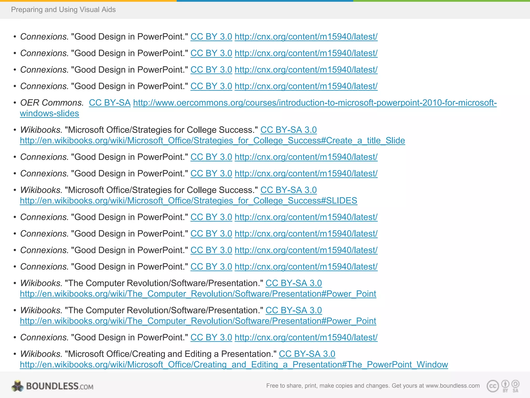 Preparing and Using Visual Aids

• Connexions. "Good Design in PowerPoint." CC BY 3.0 http://cnx.org/content/m15940/latest/

• Connexions. "Good Design in PowerPoint." CC BY 3.0 http://cnx.org/content/m15940/latest/
• Connexions. "Good Design in PowerPoint." CC BY 3.0 http://cnx.org/content/m15940/latest/
• Connexions. "Good Design in PowerPoint." CC BY 3.0 http://cnx.org/content/m15940/latest/
• OER Commons. CC BY-SA http://www.oercommons.org/courses/introduction-to-microsoft-powerpoint-2010-for-microsoftwindows-slides
• Wikibooks. "Microsoft Office/Strategies for College Success." CC BY-SA 3.0
http://en.wikibooks.org/wiki/Microsoft_Office/Strategies_for_College_Success#Create_a_title_Slide
• Connexions. "Good Design in PowerPoint." CC BY 3.0 http://cnx.org/content/m15940/latest/
• Connexions. "Good Design in PowerPoint." CC BY 3.0 http://cnx.org/content/m15940/latest/
• Wikibooks. "Microsoft Office/Strategies for College Success." CC BY-SA 3.0
http://en.wikibooks.org/wiki/Microsoft_Office/Strategies_for_College_Success#SLIDES
• Connexions. "Good Design in PowerPoint." CC BY 3.0 http://cnx.org/content/m15940/latest/

• Connexions. "Good Design in PowerPoint." CC BY 3.0 http://cnx.org/content/m15940/latest/
• Connexions. "Good Design in PowerPoint." CC BY 3.0 http://cnx.org/content/m15940/latest/
• Connexions. "Good Design in PowerPoint." CC BY 3.0 http://cnx.org/content/m15940/latest/
• Wikibooks. "The Computer Revolution/Software/Presentation." CC BY-SA 3.0
http://en.wikibooks.org/wiki/The_Computer_Revolution/Software/Presentation#Power_Point
• Wikibooks. "The Computer Revolution/Software/Presentation." CC BY-SA 3.0
http://en.wikibooks.org/wiki/The_Computer_Revolution/Software/Presentation#Power_Point
• Connexions. "Good Design in PowerPoint." CC BY 3.0 http://cnx.org/content/m15940/latest/
• Wikibooks. "Microsoft Office/Creating and Editing a Presentation." CC BY-SA 3.0
http://en.wikibooks.org/wiki/Microsoft_Office/Creating_and_Editing_a_Presentation#The_PowerPoint_Window
• Wikibooks. "Microsoft Office/Strategies for College Success." CC BY-SA 3.0 make copies and changes. Get yours at www.boundless.com
Free to share, print,
http://en.wikibooks.org/wiki/Microsoft_Office/Strategies_for_College_Success#PowerPoint_Features

 