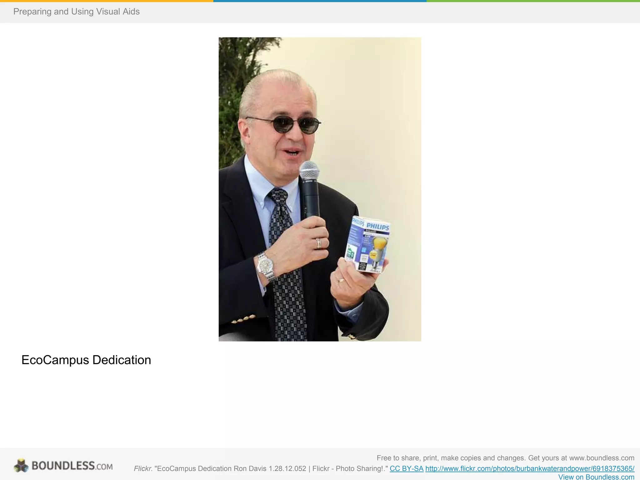 Preparing and Using Visual Aids

EcoCampus Dedication

Free to share, print, make copies and changes. Get yours at www.boundless.com
Flickr. "EcoCampus Dedication Ron Davis 1.28.12.052 | Flickr - Photo Sharing!." CC BY-SA http://www.flickr.com/photos/burbankwaterandpower/6918375365/
View on Boundless.com

 