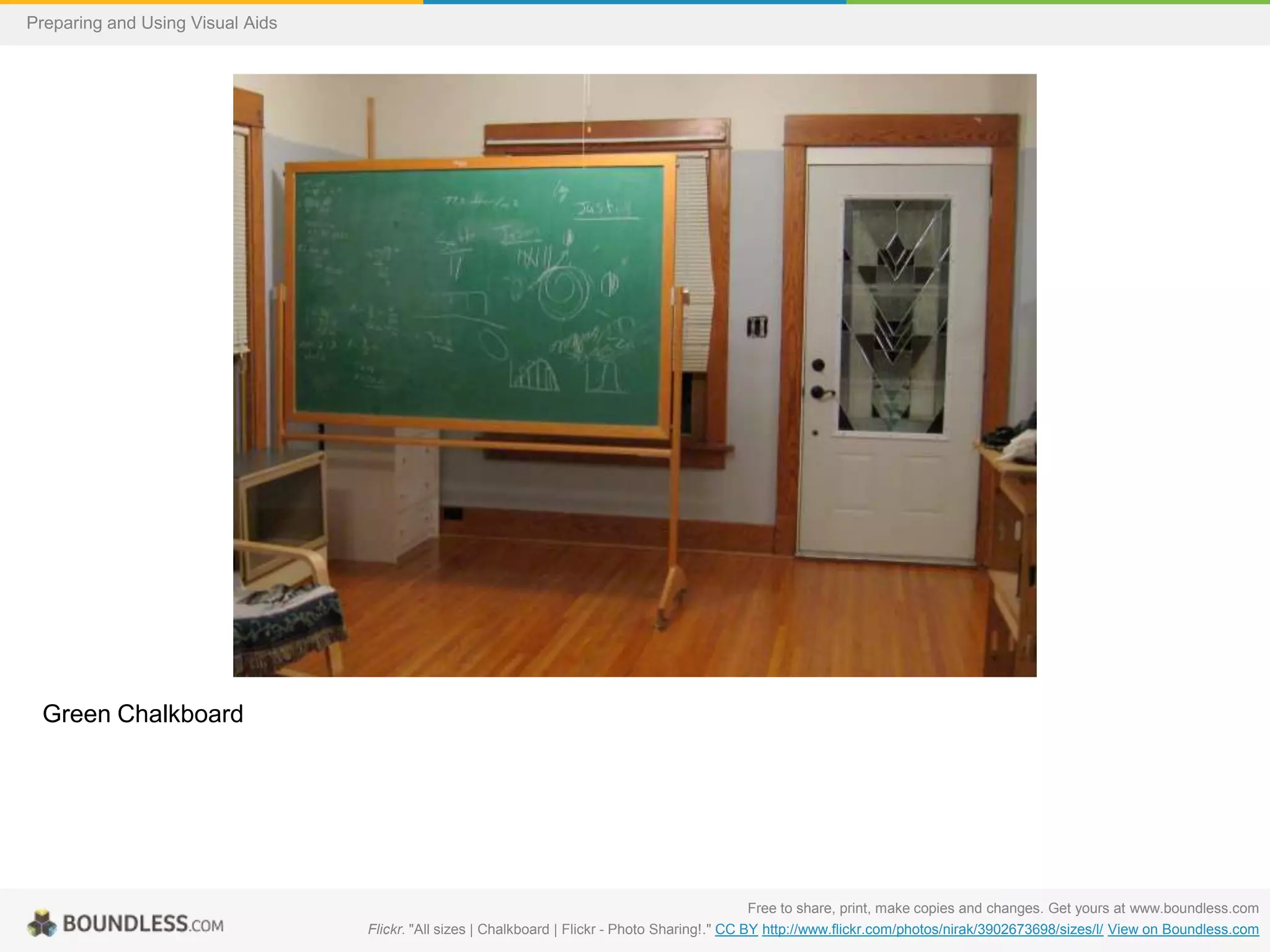 Preparing and Using Visual Aids

Green Chalkboard

Free to share, print, make copies and changes. Get yours at www.boundless.com
Flickr. "All sizes | Chalkboard | Flickr - Photo Sharing!." CC BY http://www.flickr.com/photos/nirak/3902673698/sizes/l/ View on Boundless.com

 