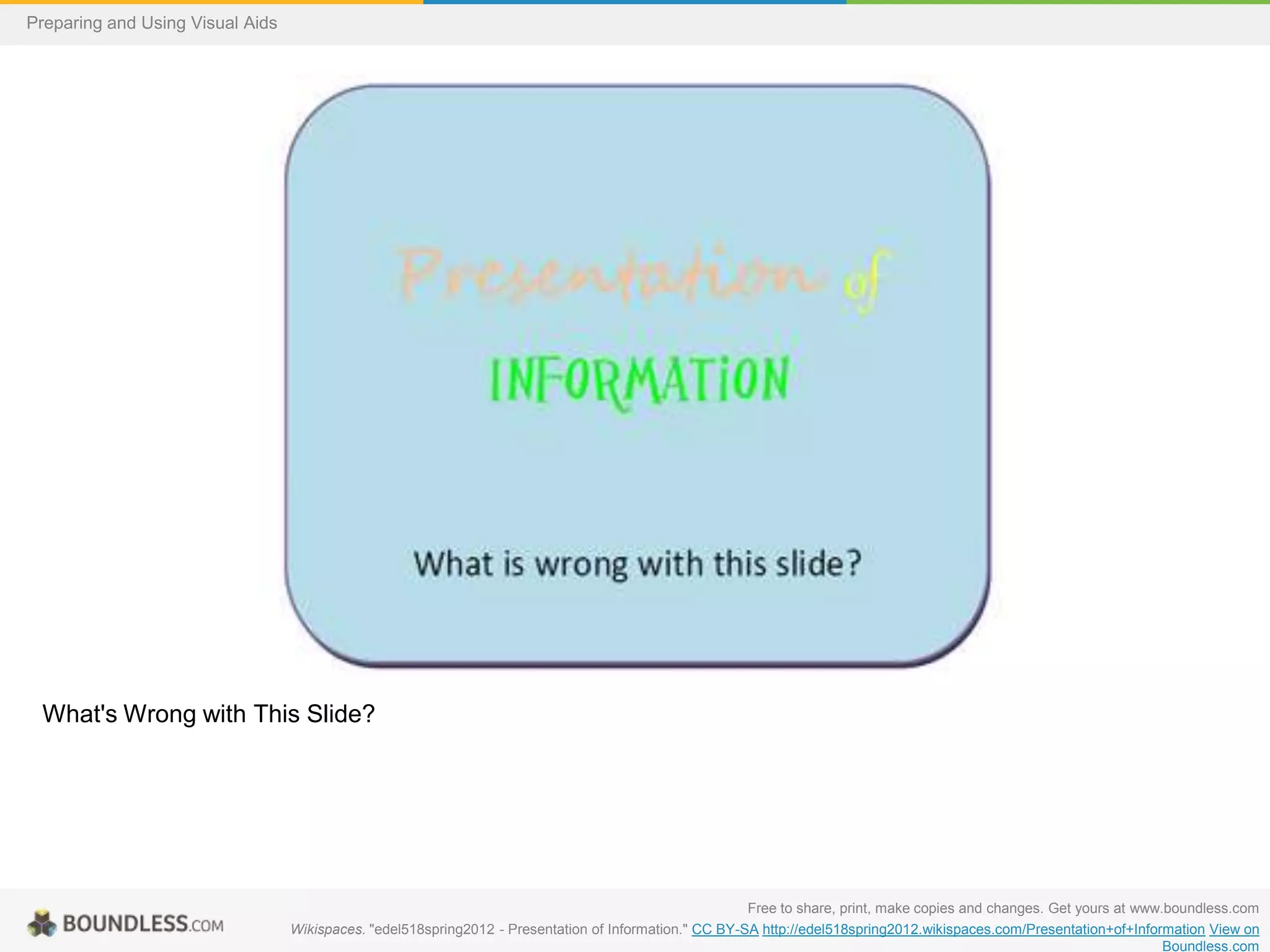 Preparing and Using Visual Aids

What's Wrong with This Slide?

Free to share, print, make copies and changes. Get yours at www.boundless.com
Wikispaces. "edel518spring2012 - Presentation of Information." CC BY-SA http://edel518spring2012.wikispaces.com/Presentation+of+Information View on
Boundless.com

 