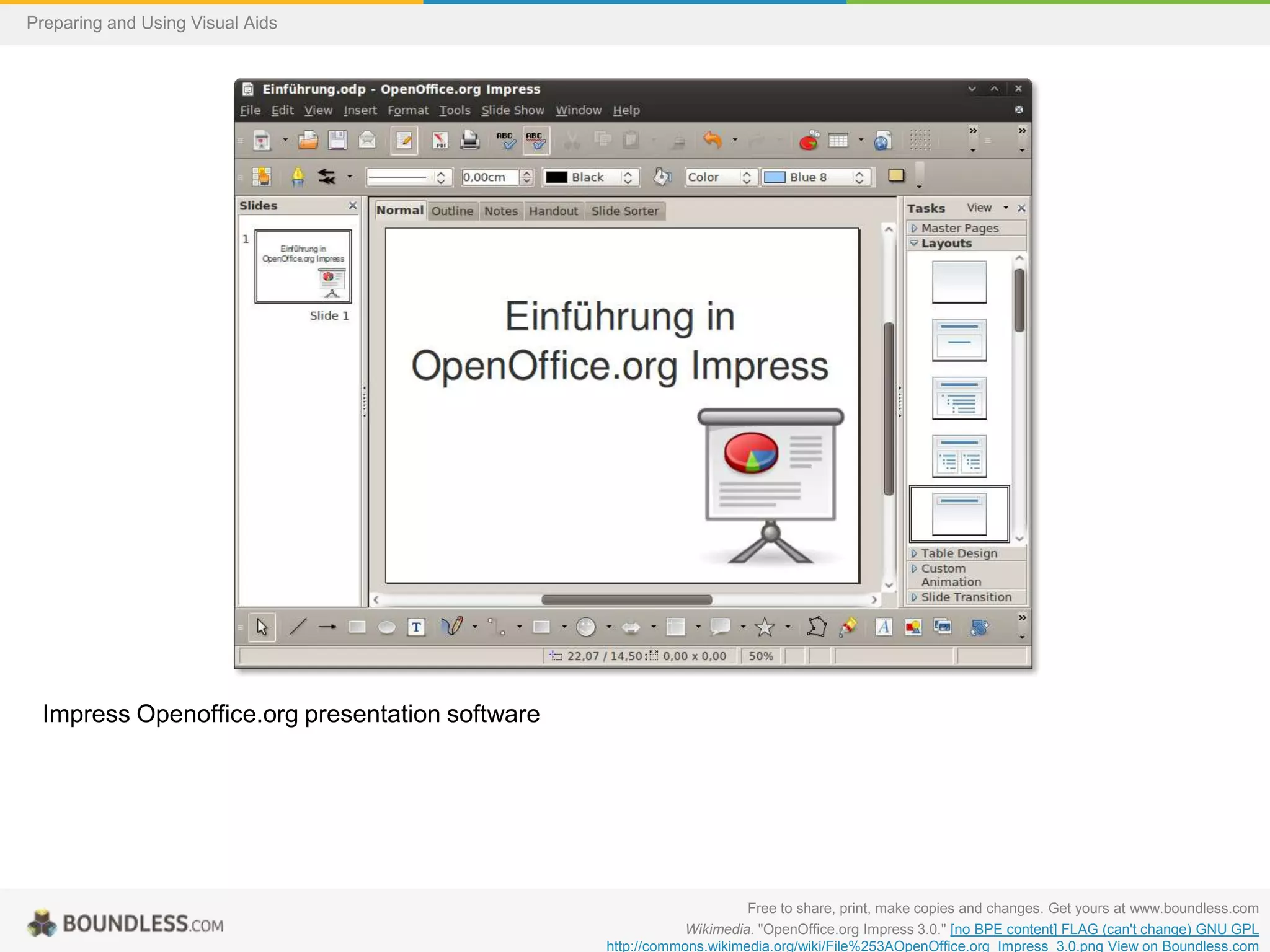 Preparing and Using Visual Aids

Impress Openoffice.org presentation software

Free to share, print, make copies and changes. Get yours at www.boundless.com
Wikimedia. "OpenOffice.org Impress 3.0." [no BPE content] FLAG (can't change) GNU GPL
http://commons.wikimedia.org/wiki/File%253AOpenOffice.org_Impress_3.0.png View on Boundless.com

 
