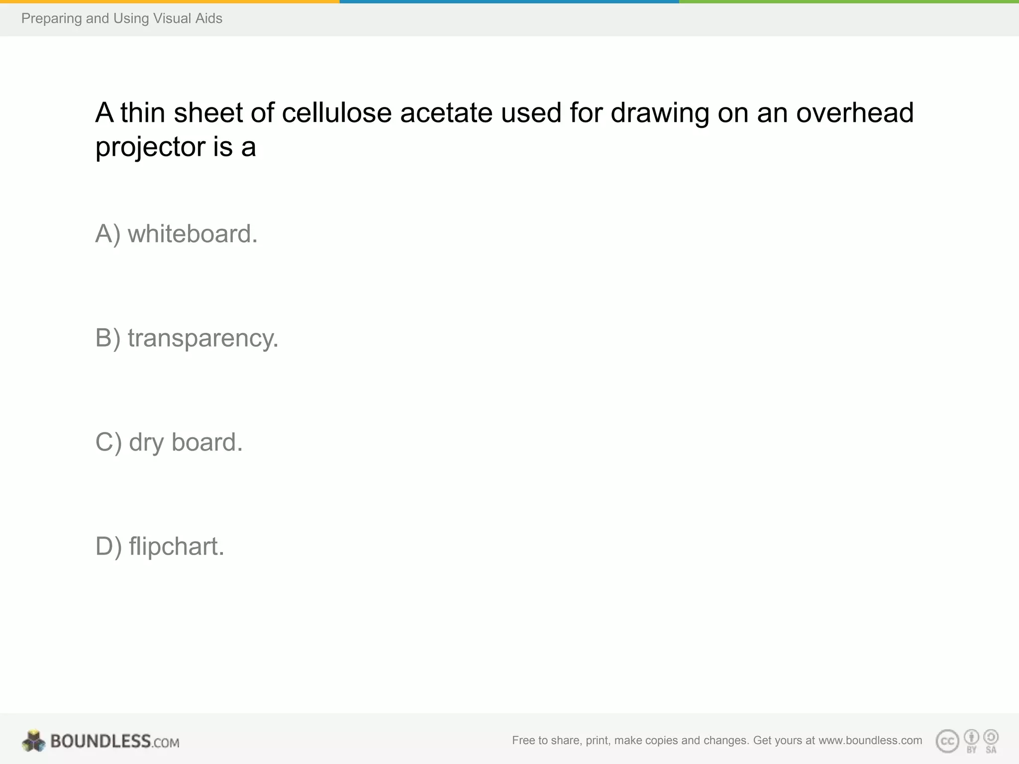 Preparing and Using Visual Aids

A thin sheet of cellulose acetate used for drawing on an overhead
projector is a
A) whiteboard.

B) transparency.

C) dry board.

D) flipchart.

Free to share, print, make copies and changes. Get yours at www.boundless.com

 