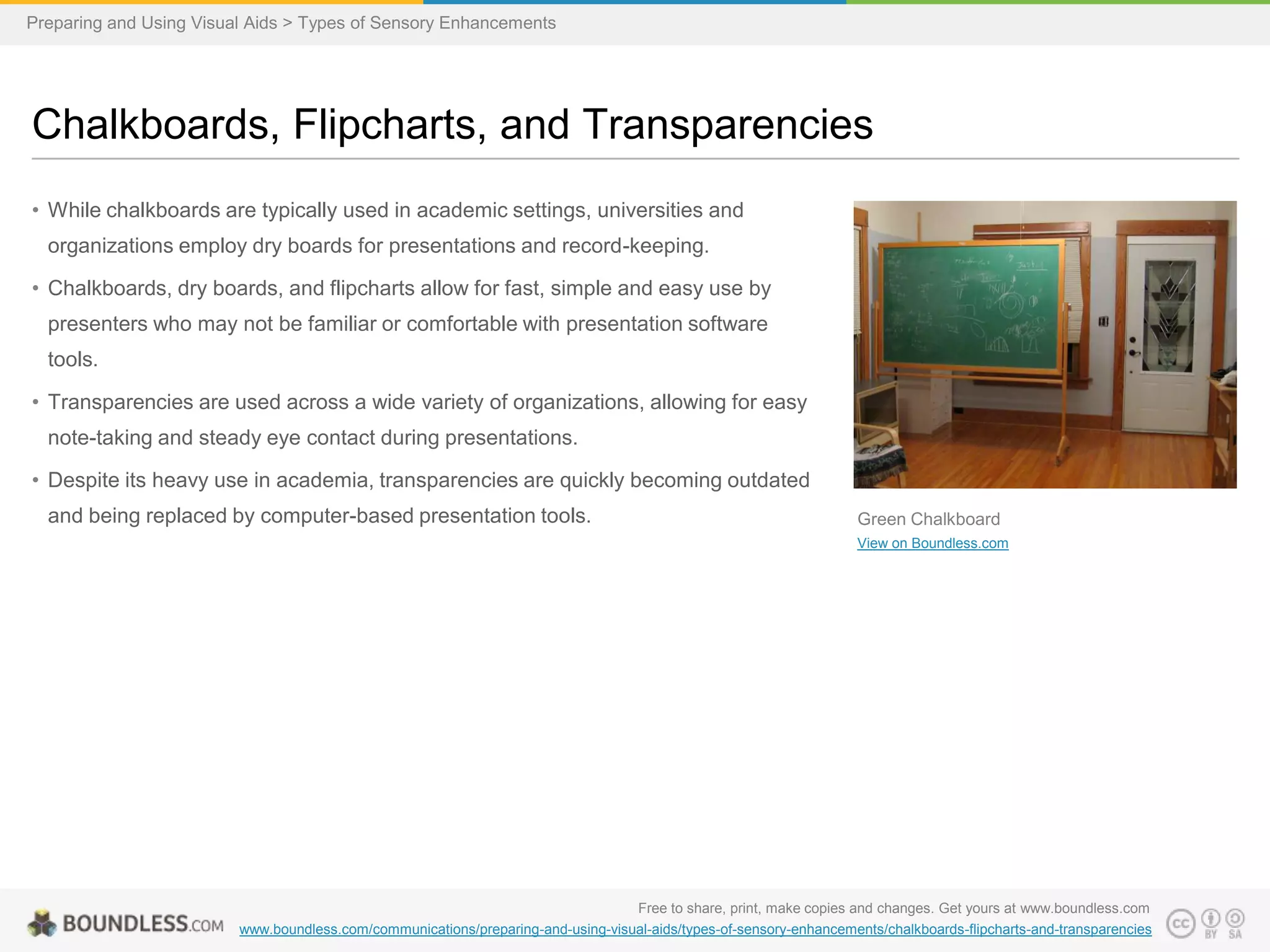 Preparing and Using Visual Aids > Types of Sensory Enhancements

Chalkboards, Flipcharts, and Transparencies
• While chalkboards are typically used in academic settings, universities and
organizations employ dry boards for presentations and record-keeping.
• Chalkboards, dry boards, and flipcharts allow for fast, simple and easy use by

presenters who may not be familiar or comfortable with presentation software
tools.
• Transparencies are used across a wide variety of organizations, allowing for easy
note-taking and steady eye contact during presentations.
• Despite its heavy use in academia, transparencies are quickly becoming outdated
and being replaced by computer-based presentation tools.

Green Chalkboard
View on Boundless.com

Free to share, print, make copies and changes. Get yours at www.boundless.com
www.boundless.com/communications/preparing-and-using-visual-aids/types-of-sensory-enhancements/chalkboards-flipcharts-and-transparencies

 