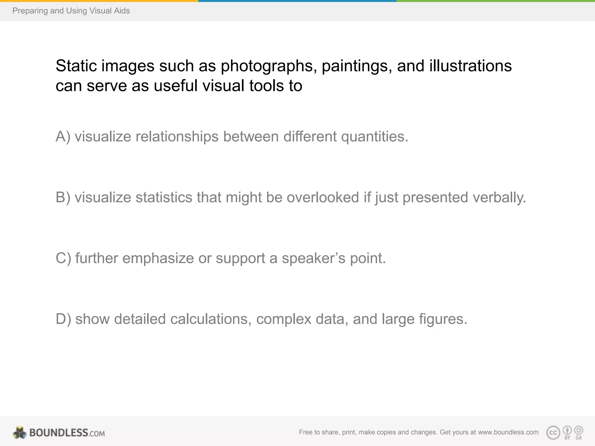 Preparing and Using Visual Aids

Static images such as photographs, paintings, and illustrations
can serve as useful visual tools to
A) visualize relationships between different quantities.

B) visualize statistics that might be overlooked if just presented verbally.

C) further emphasize or support a speaker’s point.

D) show detailed calculations, complex data, and large figures.

Free to share, print, make copies and changes. Get yours at www.boundless.com

 