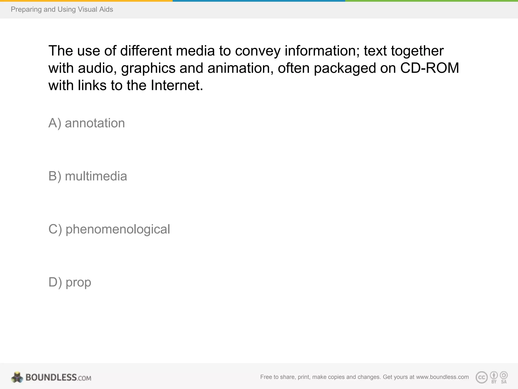 Preparing and Using Visual Aids

The use of different media to convey information; text together
with audio, graphics and animation, often packaged on CD-ROM
with links to the Internet.
A) annotation

B) multimedia

C) phenomenological

D) prop

Free to share, print, make copies and changes. Get yours at www.boundless.com

 