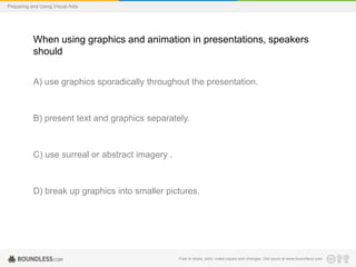 Preparing and Using Visual Aids

When using graphics and animation in presentations, speakers
should
A) use graphics sporadically throughout the presentation.

B) present text and graphics separately.

C) use surreal or abstract imagery .

D) break up graphics into smaller pictures.

Free to share, print, make copies and changes. Get yours at www.boundless.com

 
