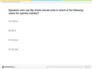 Preparing and Using Visual Aids

Speakers who use flip charts should write in which of the following
colors for optimal visibility?
A) Yellow

B) Blue

C) Brown

D) Purple

Free to share, print, make copies and changes. Get yours at www.boundless.com

 