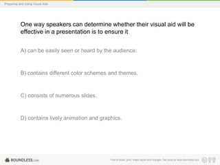 Preparing and Using Visual Aids

One way speakers can determine whether their visual aid will be
effective in a presentation is to ensure it
A) can be easily seen or heard by the audience.

B) contains different color schemes and themes.

C) consists of numerous slides.

D) contains lively animation and graphics.

Free to share, print, make copies and changes. Get yours at www.boundless.com

 