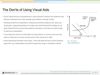 Preparing and Using Visual Aids > Presenting With Sensory Enhancements

The Don'ts of Using Visual Aids
• If your visual aid has inconsistencies in color scheme or theme, the audience may
become confused since color change may indicate a change in topic.
• Avoiding small font is essential to making sure that the audience can read your

visual aids. A general standard is to make sure that all PowerPoint slides are at
least 18-point font to ensure that audience members in the back row will be able
to read your presentation.
• Try to keep the amount of information on each slide to a minimum and use only
what is necessary to convey the key point of the visual aid or slide.
• Avoid distracting animation and noises. These will take the focus of the audience

away from your presentation and shift it toward the noise or animation instead.

AS + AD graph
View on Boundless.com

Free to share, print, make copies and changes. Get yours at www.boundless.com
www.boundless.com/communications/preparing-and-using-visual-aids/presenting-with-sensory-enhancements/the-don-ts-of-using-visual-aids

 