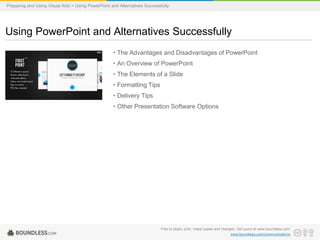 Preparing and Using Visual Aids > Using PowerPoint and Alternatives Successfully

Using PowerPoint and Alternatives Successfully
• The Advantages and Disadvantages of PowerPoint
• An Overview of PowerPoint
• The Elements of a Slide

• Formatting Tips
• Delivery Tips
• Other Presentation Software Options

Free to share, print, make copies and changes. Get yours at www.boundless.com
www.boundless.com/communications

 