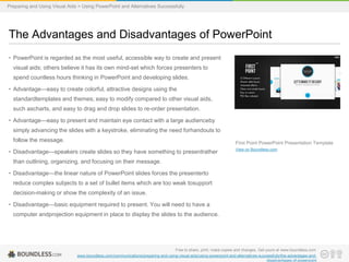 Preparing and Using Visual Aids > Using PowerPoint and Alternatives Successfully

The Advantages and Disadvantages of PowerPoint
• PowerPoint is regarded as the most useful, accessible way to create and present
visual aids; others believe it has its own mind-set which forces presenters to
spend countless hours thinking in PowerPoint and developing slides.
• Advantage—easy to create colorful, attractive designs using the
standardtemplates and themes; easy to modify compared to other visual aids,
such ascharts, and easy to drag and drop slides to re-order presentation.
• Advantage—easy to present and maintain eye contact with a large audienceby
simply advancing the slides with a keystroke, eliminating the need forhandouts to
follow the message.

First Point PowerPoint Presentation Template

• Disadvantage—speakers create slides so they have something to presentrather

View on Boundless.com

than outlining, organizing, and focusing on their message.
• Disadvantage—the linear nature of PowerPoint slides forces the presenterto
reduce complex subjects to a set of bullet items which are too weak tosupport
decision-making or show the complexity of an issue.
• Disadvantage—basic equipment required to present. You will need to have a
computer andprojection equipment in place to display the slides to the audience.

Free to share, print, make copies and changes. Get yours at www.boundless.com
www.boundless.com/communications/preparing-and-using-visual-aids/using-powerpoint-and-alternatives-successfully/the-advantages-anddisadvantages-of-powerpoint

 