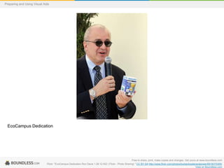 Preparing and Using Visual Aids

EcoCampus Dedication

Free to share, print, make copies and changes. Get yours at www.boundless.com
Flickr. "EcoCampus Dedication Ron Davis 1.28.12.052 | Flickr - Photo Sharing!." CC BY-SA http://www.flickr.com/photos/burbankwaterandpower/6918375365/
View on Boundless.com

 
