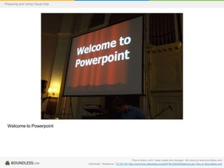 Preparing and Using Visual Aids

Welcome to Powerpoint

Free to share, print, make copies and changes. Get yours at www.boundless.com
Wikimedia. "Slideshow." CC BY-SA http://commons.wikimedia.org/wiki/File%253ASlideshow.jpg View on Boundless.com

 