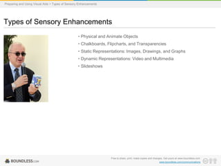 Preparing and Using Visual Aids > Types of Sensory Enhancements

Types of Sensory Enhancements
• Physical and Animate Objects
• Chalkboards, Flipcharts, and Transparencies
• Static Representations: Images, Drawings, and Graphs

• Dynamic Representations: Video and Multimedia
• Slideshows

Free to share, print, make copies and changes. Get yours at www.boundless.com
www.boundless.com/communications

 