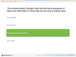 Preparing and Using Visual Aids

The communication through visual aid and the conveyance of
ideas and information in forms that can be read or looked upon.
A) engage

B) Detract

C) Visual Communication

D) Linear

Free to share, print, make copies and changes. Get yours at www.boundless.com
Wikipedia. "Visual Communication." CC BY-SA 3.0 http://en.wikipedia.org/wiki/Visual+Communication

 