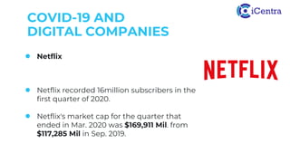 COVID-19 AND
DIGITAL COMPANIES
● Netflix
● Netflix recorded 16million subscribers in the
first quarter of 2020.
● Netflix's market cap for the quarter that
ended in Mar. 2020 was $169,911 Mil. from
$117,285 Mil in Sep. 2019.
 