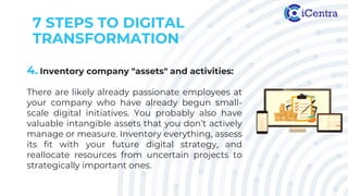 7 STEPS TO DIGITAL
TRANSFORMATION
4. Inventory company "assets" and activities:
There are likely already passionate employees at
your company who have already begun small-
scale digital initiatives. You probably also have
valuable intangible assets that you don’t actively
manage or measure. Inventory everything, assess
its fit with your future digital strategy, and
reallocate resources from uncertain projects to
strategically important ones.
 