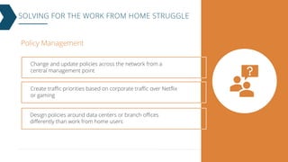 SOLVING FOR THE WORK FROM HOME STRUGGLE
Policy Management
Design policies around data centers or branch offices
differently than work from home users
Change and update policies across the network from a
central management point
Create traffic priorities based on corporate traffic over Netflix
or gaming
 