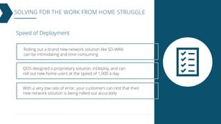 SOLVING FOR THE WORK FROM HOME STRUGGLE
Speed of Deployment
Rolling out a brand new network solution like SD-WAN
can be intimidating and time consuming
QOS designed a proprietary solution, inDeploy, and can
roll out new home users at the speed of 1,000 a day
With a very low rate of error, your customers can rest that their
new network solution is being rolled out accurately
 